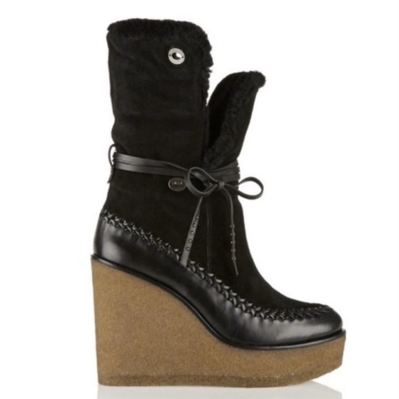 Coach Bootie Black Kisslock Leather Wedge Sheepskin Shearling Boot Size 6 - Picture 1 of 10